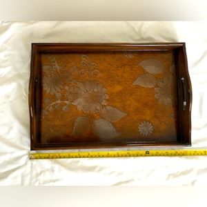 NWOT vintage lacquered large wood serving trey with silver metallic designs